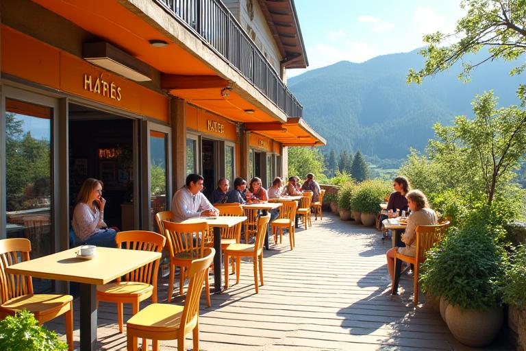 Die sonnige Terrasse des Alpenbrise Cafés mit Gästen