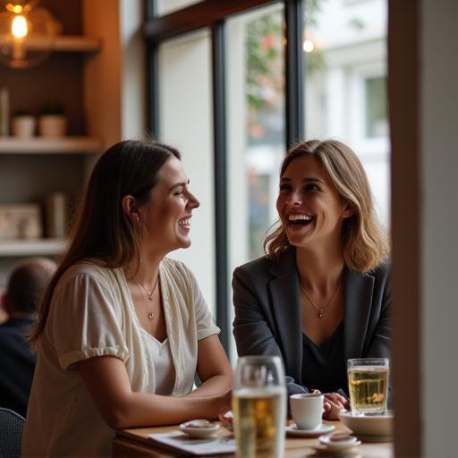 Zwei Gäste lachen an einem Tisch am Fenster