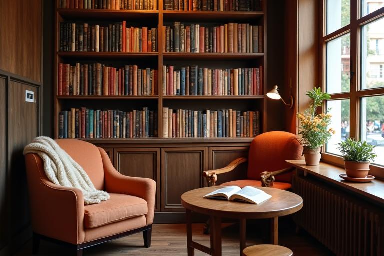 Eine gemütliche Leseecke im Café mit Bücherregalen