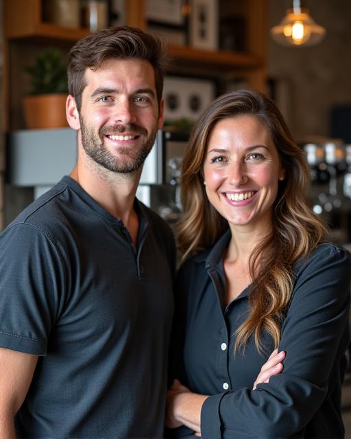 Die Gründer des Alpenbrise Cafés lächeln vor der Kaffeemaschine